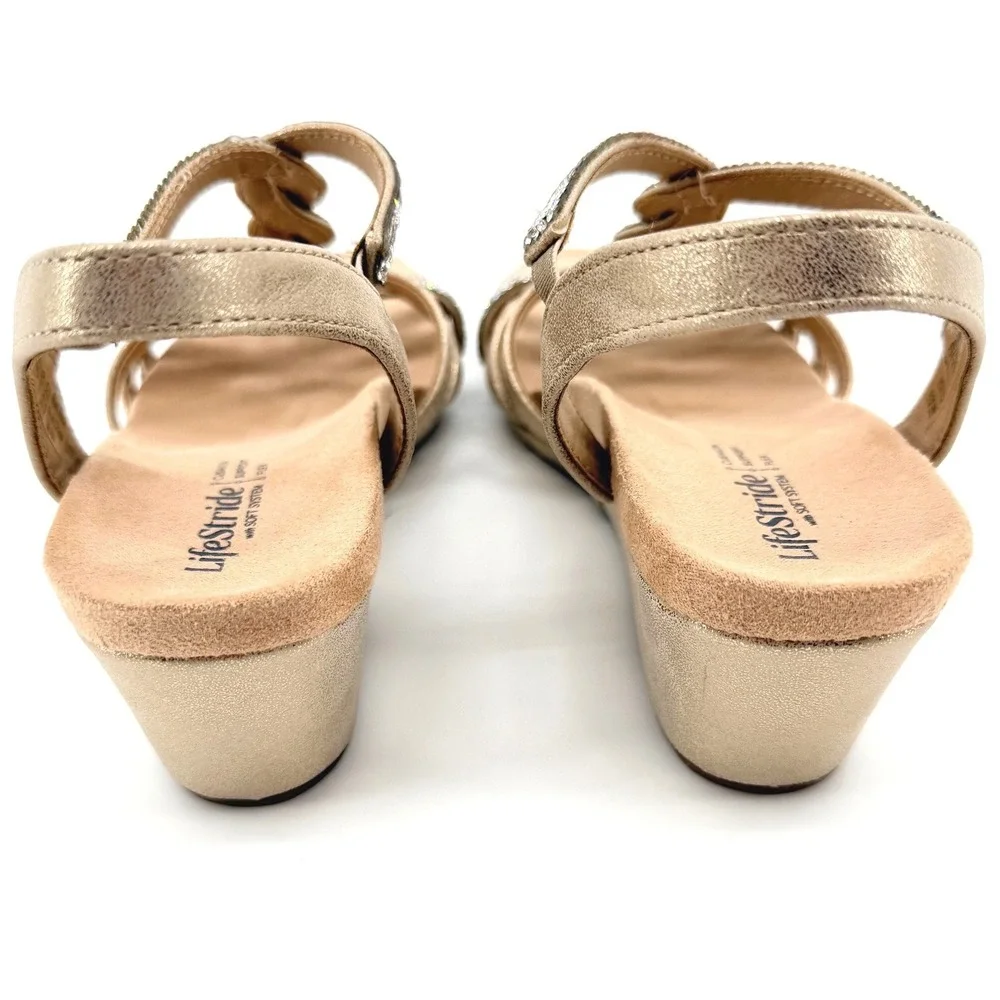 LifeStride Miami Wedge Sandals Women 7M Gold Excellent Rhinestone Strappy Dressy